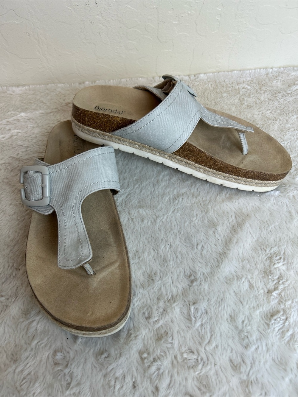 BJORNDAL Penelope Footbed Sandal T Strap Thong Tan Beige Canvas Slip-On 10